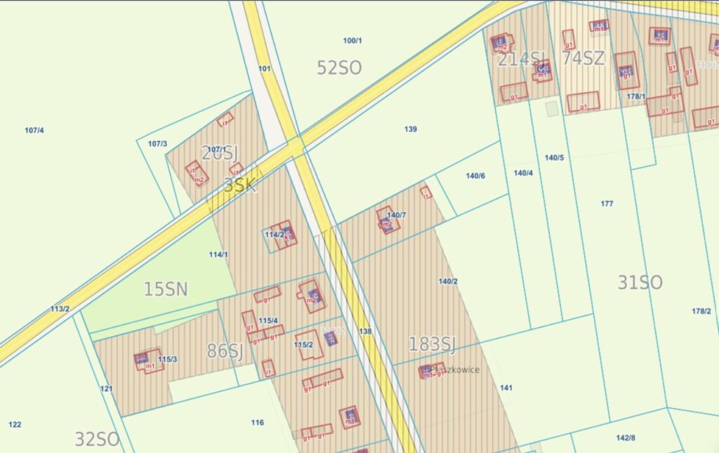 Obszar uzupełnienia zabudowy OUZ na tle działek – plan ogólny